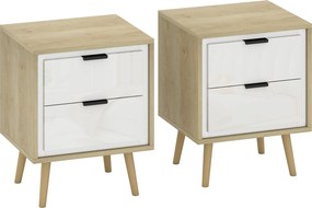 HOMCOM Conjunto de 2 Mesas de Cabeceira Modernas com 2 Gavetas de Deslizamento Silencioso Pés de Madeira 40x35x50 cm Branco Brilhante e Carvalho | Aosom Portugal