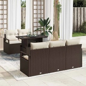 Conjunto de sofá jardim vidaXL de 6 peças com almofadas de rattan poliéster castanho