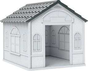 PawHut Casa para Cães 65x75,7x63 cm Casa para Cães com Janelas e Teto com Telhas de Imitação para Cães Médios Cinza e Branco | Aosom Portugal