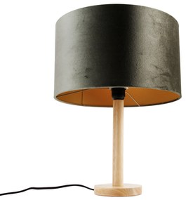 Candeeiro de mesa madeira com abajur de veludo verde 35cm - Mels Clássico / Antigo,Rústico