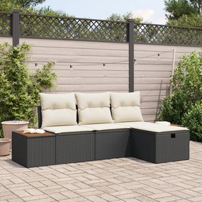 Conjunto de Sofá de Jardim de 4 Peças com Almofadas Preto Rattan PE