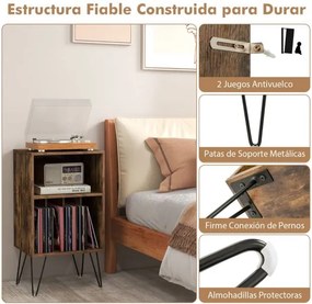 Suporte para discos de 3 níveis Mesa de armazenamento de discos com estação de carregamento Estante 4 divisórias 48 x 40 x 88 cm Castanho rústico