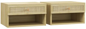 HOMCOM Conjunto de 2 Mesas de Cabeceiras Suspensas com Compartimento Aberto e Gaveta com Frente em Vime 40x34x23 cm Madeira | Aosom Portugal