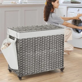 Cesto para roupa suja dobrável com 3 compartimentos e bolso lateral 70 x 36 x 66 cm Cinzento