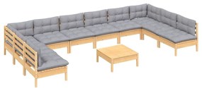 11pcs conjunto lounge de jardim + almofadões cinza pinho maciço