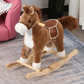 HOMCOM Cavalo de balanço para crianças acima de 36 meses Brinquedo de balanço macio com música Sons relinchos de galope Boca e cauda móveis 65x32,5x61 cm Marrom