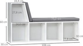 Banco 2 em 1 com 5 compartimentos de arrumação e 2 almofadas, 108 x 30 x 60 cm, branco e cinzento