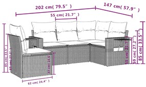 5 pcs conj. sofás jardim c/ almofadões vime PE cinzento-claro