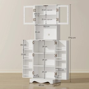 Armário de cozinha alto com 4 portas  60 x 39,5 x 179,6 cm, 8 compartimentos para especiarias, bancada e prateleira ajustável, branco