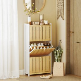 Sapateira Estreita com 3 Portas de Bambu Prateleiras Ajustáveis para 18 Pares de Sapatos 60x24x118 cm Branco e Madeira