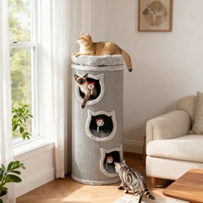 Barril Arranhador para Gatos, 38 x 38 x 96 cm, Três Níveis com Plataforma, Cinzento