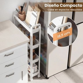 Carrinho estreito de 4 níveis com rodas e pegas 54 × 18,5 × 103 cm Organizador móvel para cozinha, casa de banho, lavandaria e escritório Branco