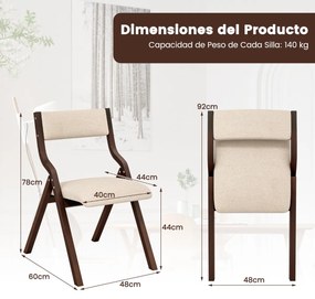 Conjunto de 2 cadeiras dobráveis (MESA NÃO INCLUIDA) de madeira com assento acolchoado em tecido de linho, sem braços, para convidados, 48 x 60 x 78 c