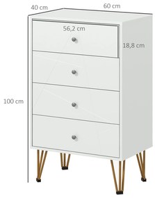 Cómoda de Quarto Moderna Cómoda de Madeira com 4 Gavetas e Pés Metálicos para Sala Escritório 60x40x100 cm Branco