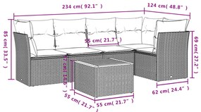 6 pcs conjunto sofás de jardim com almofadões vime cinzento