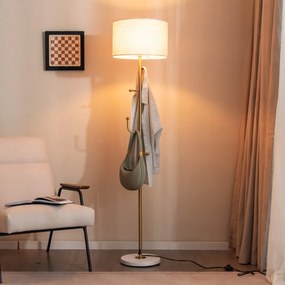 Candeeiro de pé 166,5 cm com interruptor e cabide 5 ganchos e base candeeiro de pé decoração para sala de estar e quarto Dourado + Branco + Bege