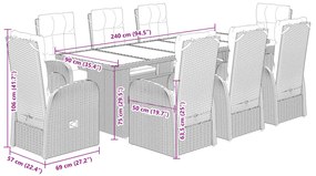 9 pcs conjunto de jantar p/ jardim c/ almofadões vime PE preto