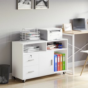 Suporte para impressora com 2 gavetas 100 x 35 x 65 cm, móvel de arrumação com rodas, prateleiras abertas e armário, branco