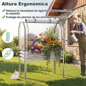 Floreira elevada com estufa 112 x 55 x 152 cm, canteiro de jardim em metal galvanizado com cobertura de proteção e porta enrolável para pátio, terraço