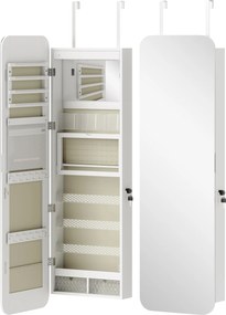 HOMCOM Espelho para Joias com Luz LED Montado na Parede ou na Porta com Fechadura Espelho de Corpo Inteiro 2 Gavetas Branco | Aosom Portugal