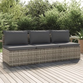 vidaXL Sofá de jardim de 3 lugares com almofadões vime PE cinzento