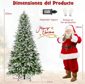 Árvore de Natal artificial de 225 cm com 470 luzes LED Neve simulada 1135 ramos articulados 81 pinhas verde
