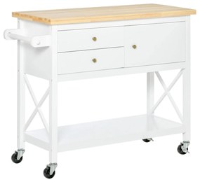 HOMCOM Carrinho de Cozinha com Rodas Aparador Multifuncional com Armário 2 Gavetas Prateleira e Barra para Panos 108x45x89cm Branco