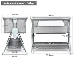 Berço portátil com rodas ajustável em altura com colchão removível e lavável Incluído Ideal para 0-6 Meses 93 x 56 x 83 cm Cinzento