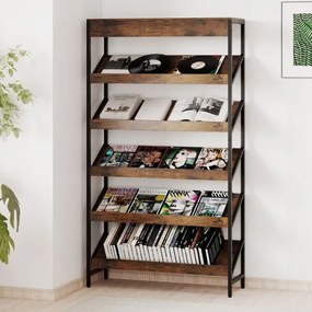 Estante de 6 níveis 90 x 30 x 161 cm inclinada com estrutura metálica resistente de madeira Castanho