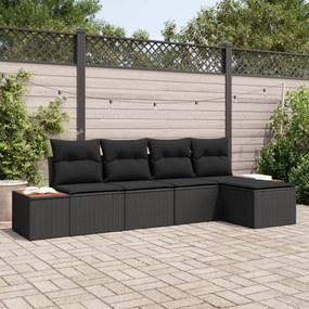 vidaXL Conjunto de Sofá de Jardim de 5 Peças com Almofadas Preto Rattan Poliéster Acácia