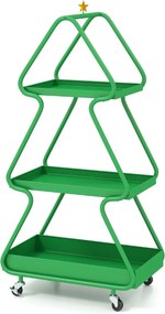 Carrinho de armazenamento em forma de árvore de Natal com 3 níveis, estrela, estrutura metálica e rodas verde