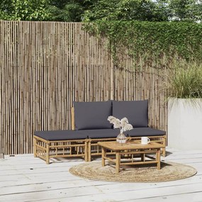 4pcs conj. lounge de jardim bambu c/ almofadões cinzento-escuro