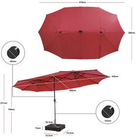 Guarda-sol dupla face de 470 cm com base Areia e 48 luzes LED Painel solar de carregamento automático Mecanismo de manivela Vermelho