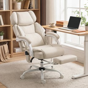 Cadeira de alto encosto com massagem vibratória e aquecimento, ergonómica, reclinável, com apoio para os pés, creme branco