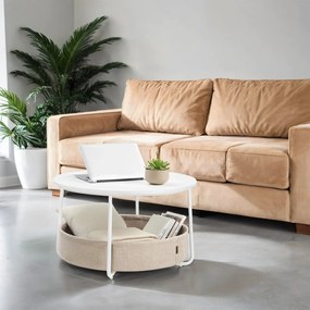 Mesa de centro 75 cm de diâmetro com cesto em tecido branco mate e castanho-camel