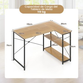 Secretária em forma de L com prateleira ajustável com estrutura metálica resistente para escritório em casa Castanho e Preta