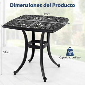 Mesa Jardim em alumínio fundido quadrada 54 x 54 x 53 cm, resistente a todas as condições meteorológicas, com orifício para guarda-sol; resistente à o