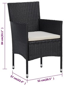 3 pcs conjunto de jantar para jardim com almofadões preto
