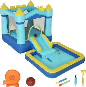 AIYAPLAY Castelo Insuflável para Crianças com Insuflador, Escorrega, Cama Elástica, Piscina e Aro de Basquetebol para Crianças dos 3 aos 8 Anos, Azul | Aosom Portugal