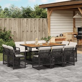 vidaXL 11 pcs conjunto de jantar p/ jardim c/ almofadões vime PE preto