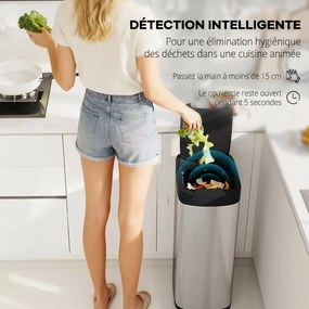 Caixote do lixo de cozinha automático de 50 L, com sensor de movimento, funciona a pilhas, 26,5 x 35,5 x 68 cm, prateado