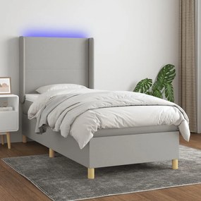 Cama box spring c/ colchão e LED 100x200 cm tecido cinza-claro