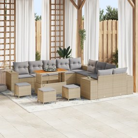 Conjunto de Sofá de Jardim de 14 peças com Almofadas Bege Rattan Polié