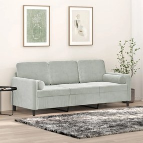 vidaXL Sofá 3 lugares + almofadas decorativas 180cm veludo cinza-claro
