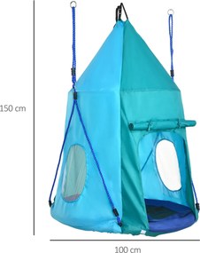 Baloiço em forma de ninho de pássaro com tenda amovível, Ø 100 cm, carga máxima de 150 kg, corda ajustável em altura de 120 a 180 cm, azul