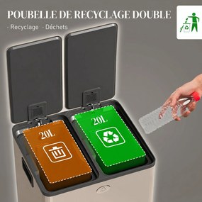 Caixote do lixo de cozinha com 2 compartimentos de 2 x 20 L, aço inoxidável, tampa com fecho suave, 45,8 x 36 x 51,6 cm, dourado