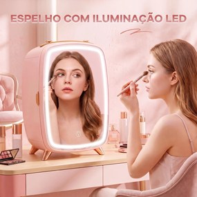 Mini Frigorífico para Cosméticos com 6 L, Porta com Espelho e Luzes LED Ajustáveis, 24,3 x 19,4 x 35,6 cm Rosa