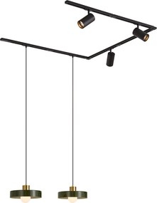 Sistema de calhas moderno preto com 2 candeeiros pendentes verdes e 3 focos monofásico - Iconic Jeana Luxe Jina