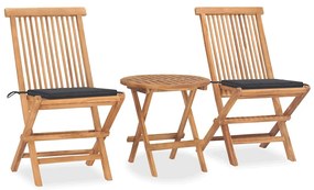 3 pcs conj. jantar dobrável exterior c/ almofadão teca maciça