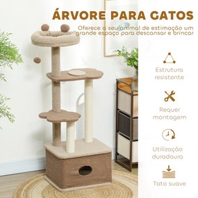 Arranhador para Gatos com Cama Caverna Plataformas Bola Suspensa e Poste de Juta 48x40x133 cm Castanho